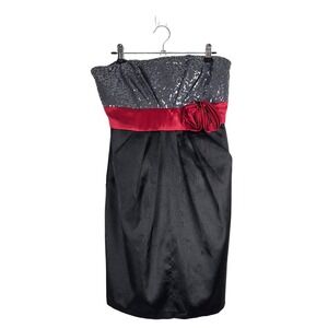 Vtg Y2K Red Black Strapless Sequin Satin Rose Mini Dress Sz 9 Whimsigoth Prom